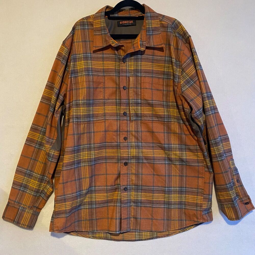 Ridgecut Toughwear Vented Flannel Work Shirt Men’s Orange Plaid Zip Pocket